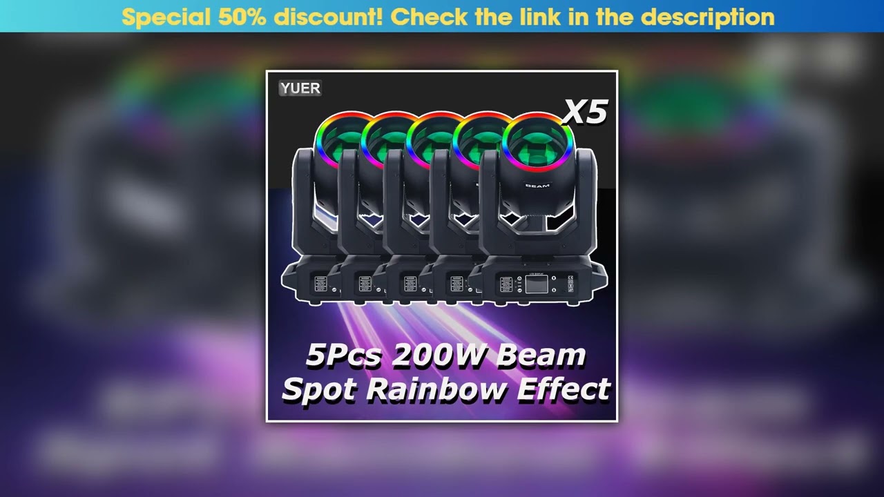 Discount 5Pcs 200W LED With Ring Beam Spot Moving Head Light With 18 Rotating Prism Rainbow Effect•