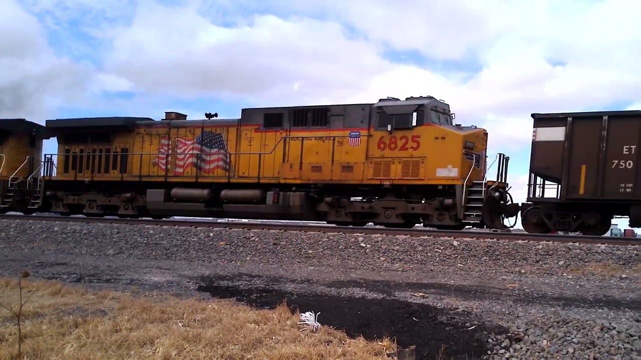 UP 5790 leading empty coal train west 