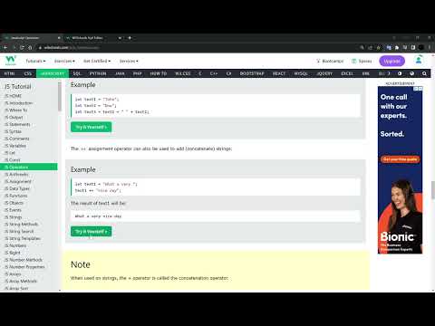20_JS The concatenation operator. Конкатенация строк. JavaScript Operators. Tutorial w3schools.com.