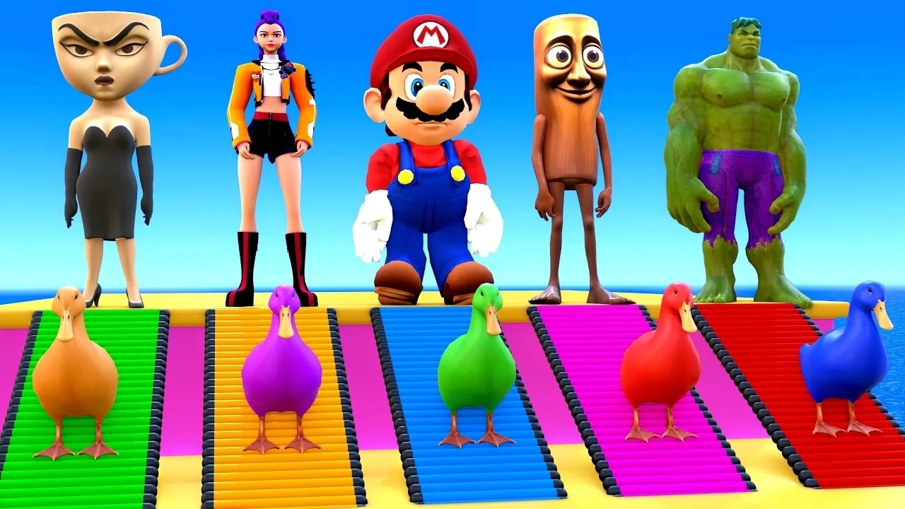 Playing as Spiderman in Long Slide Game with Cow Elephant Gorilla Hippo Tiger. Funny 3d Animal Game