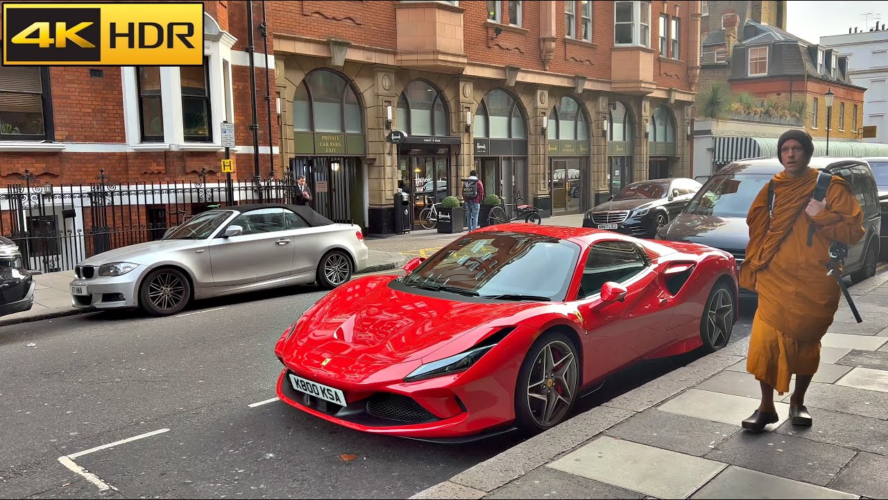 London Walk - Feb 2023 | A Monk and a Ferrari spotted outside Harrods | Louis Vuitton Pop Up -4K HDR