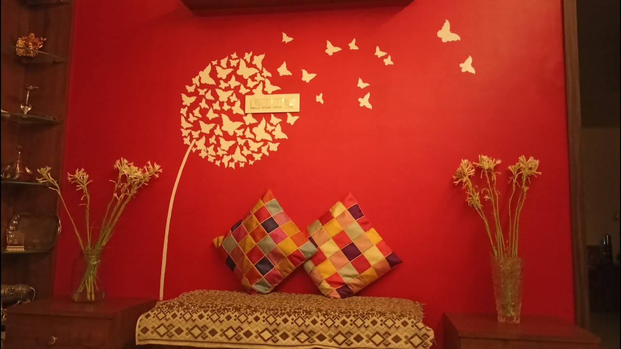 Handmade Painting on Red Wall Flower Butterfly Wall Painting Home