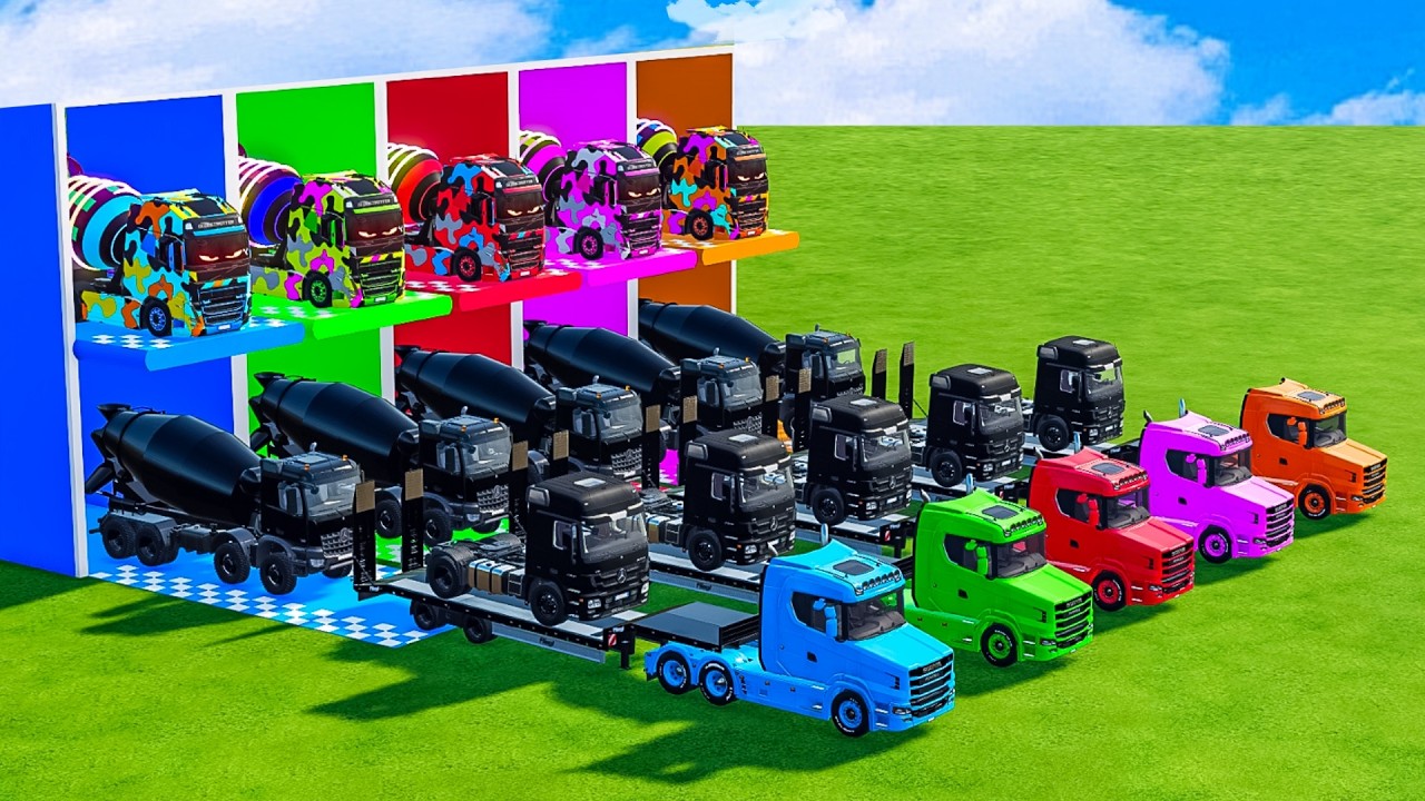 Colorful Garage FS22 - Mixer Truck With Flatbed Trailer, Black Mixer Truck, Mercedes-Bnez, Scania