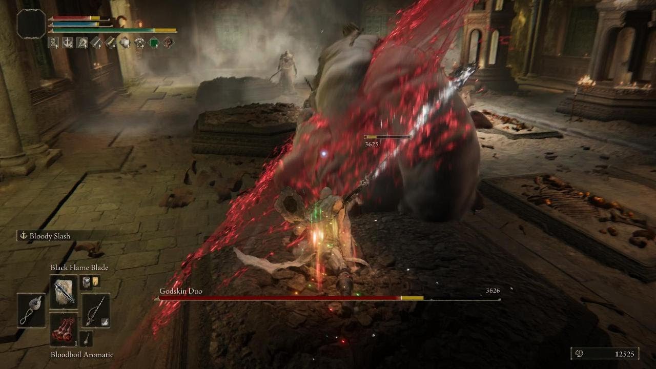 Blackflame Zealot slashes Godskin Duo (no damage, solo) feat bloody