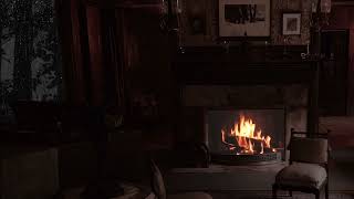 Rain Sound On Window with Thunder Sounds- Fireplace  with Crackling Fire- Heavy Rain