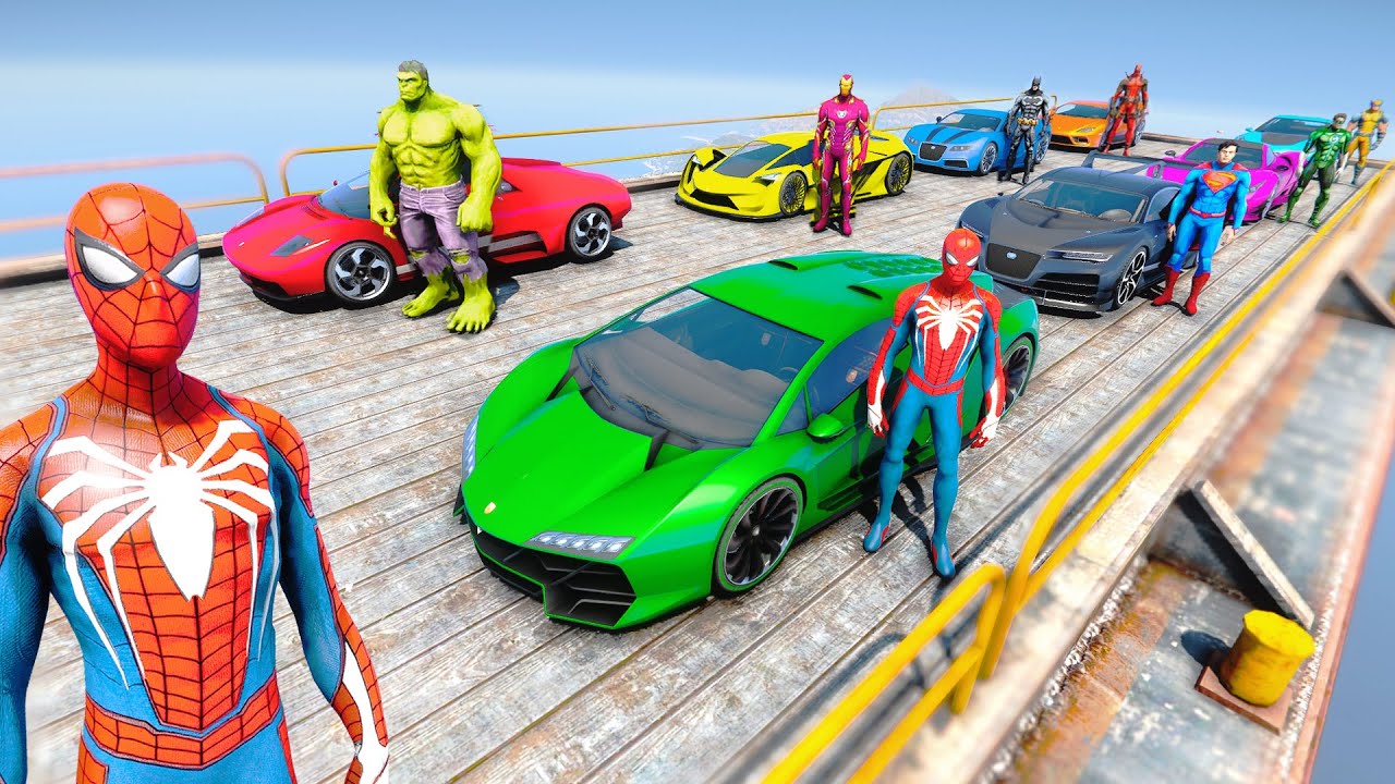 Spiderman and CARS with Super Heroes Cars in the Air Challenge Hulk