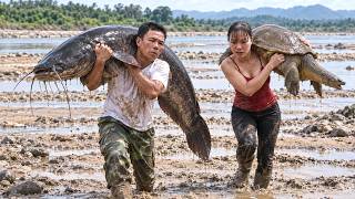 Harvesting Giant Softshell Turtles and HUGE Catfish in the River for Countryside Market Sale
