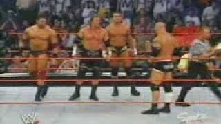 Bill Goldberg vs Triple H Batista and Randy Orton ( The Evolution) 3 on 1 handicap match