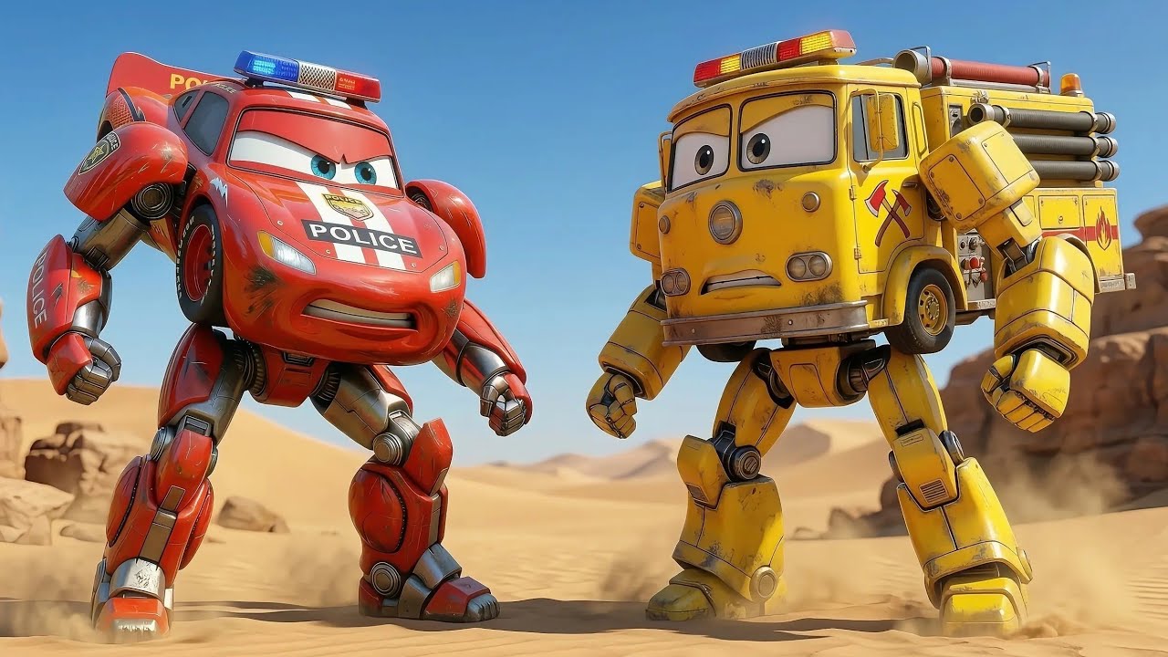 Kitten found lightning McQueen and yellow firetruck robot dan black monster attack! 