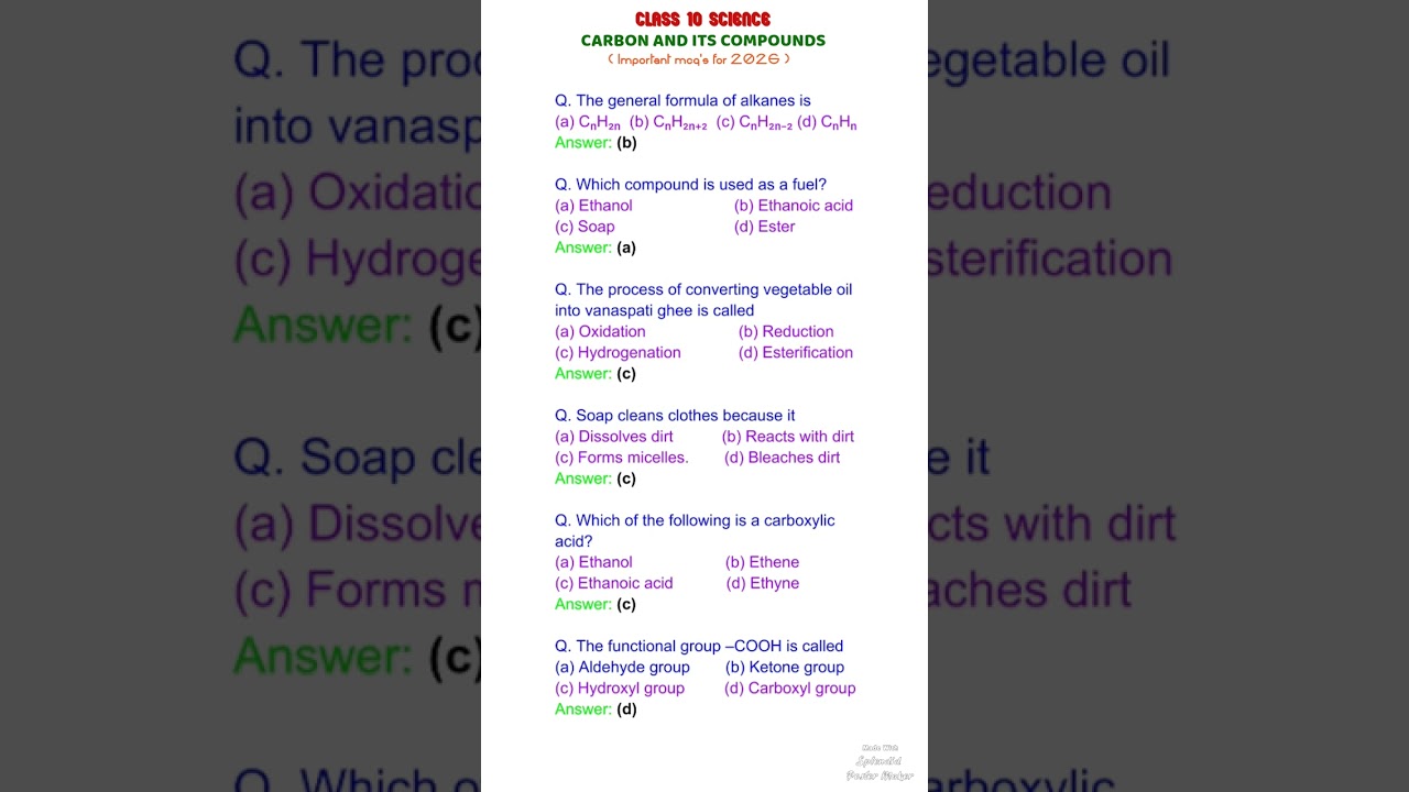 Carbon and its Compounds, Class 10 Science Chapter 4 important mcq's for 2026