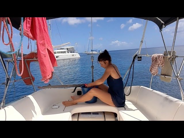 Boat life female solo traveler.Hit at anchor in the Carribbean.