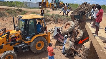 Powertrac Euro 50 Tractor Accident on Risky canal Bridge Pulling Out by 2JCB 3DX