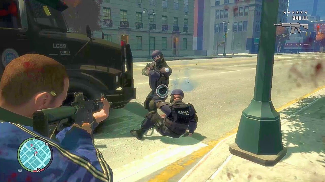 GTA 4 - M4 - SHOOTOUT AT DOWNTOWN & FIGHT WITH SWAT & POLICE + SIX STARS