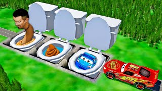 Mega Toilets Pits Vs Lightning McQueen & Big & Small Pixar Cars! BeamNG. Drive Battle Complitation 8