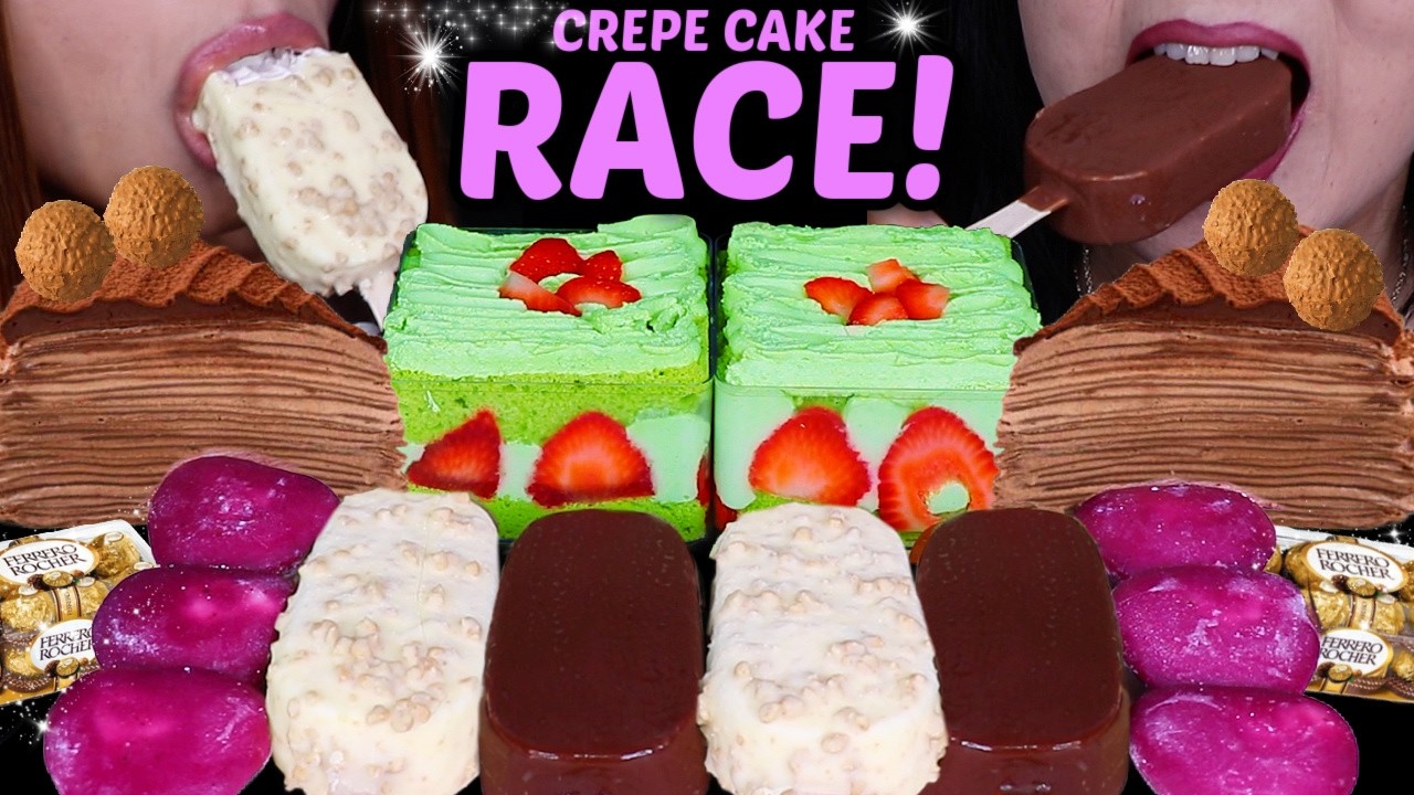 ASMR DUBAI CHOCOLATE SCOOP CAKE RACE! Nutella crepe cake, mochi ice cream, crunchy ice cream bars 먹방