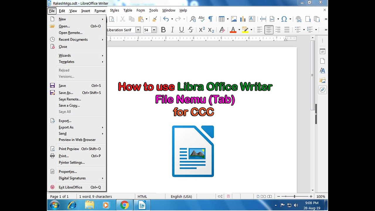 Libre office writer in hindi /libreoffice writer file menu/ file menu