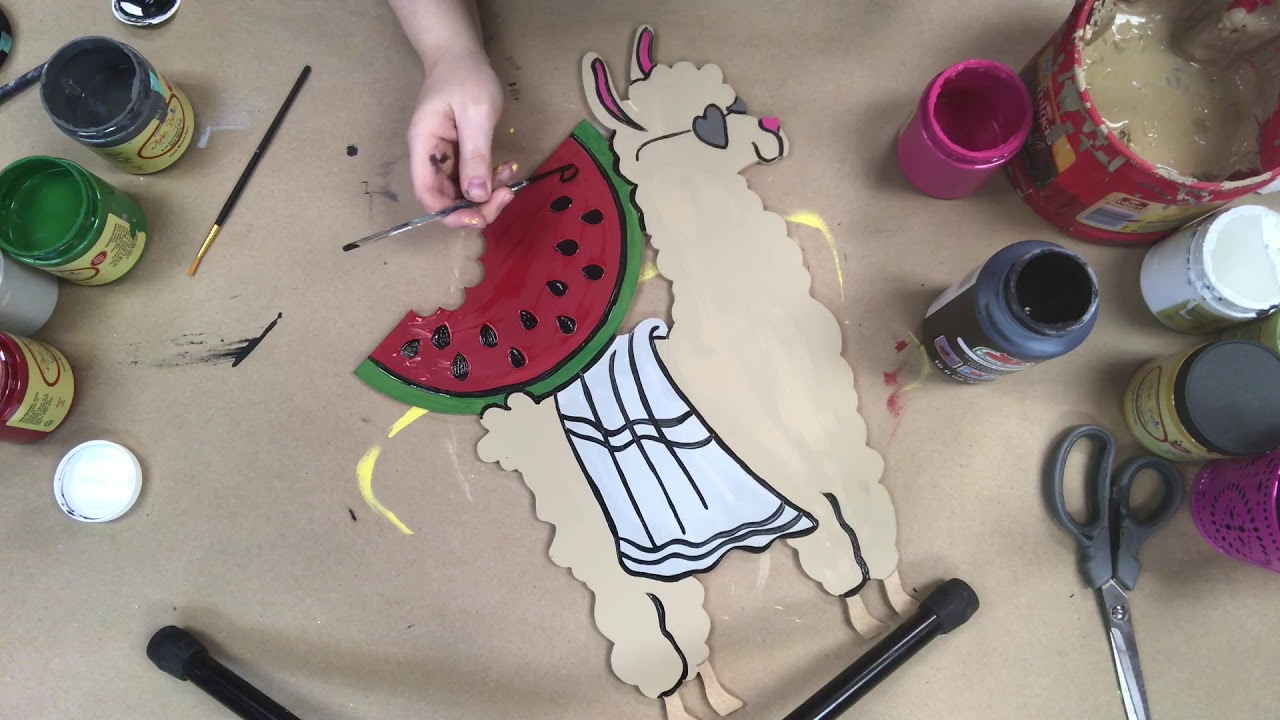 Wooden Llama with Watermelon Cutout, Paint by Line Tutorial