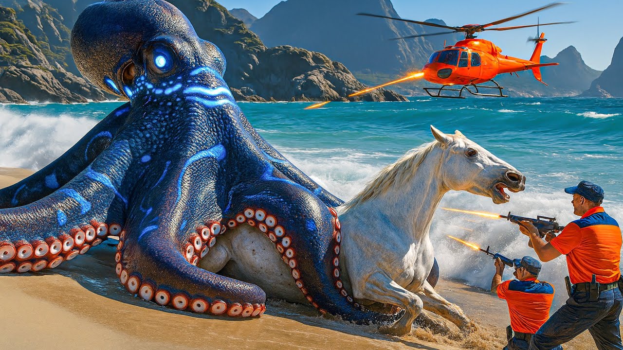 Brave heroes fight giant octopus to save autistic horse and pregnant girl