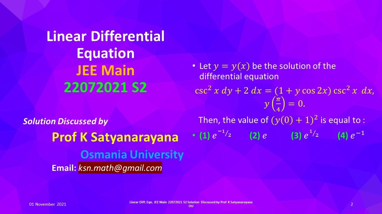Linear Differential Equation JEE Main 22072021 S2 Solution Discussed by