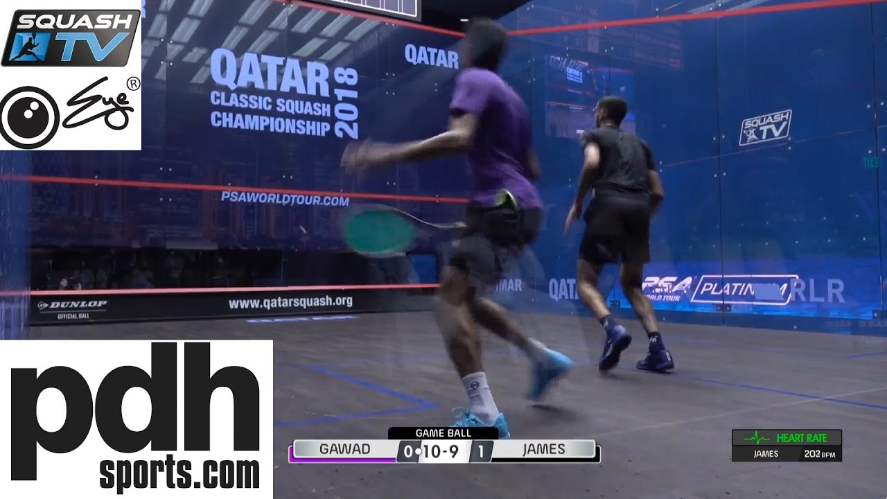 Declan James v Karim Abdel Gawad squash rally Qatar Classic 2018 with heart rate monitor
