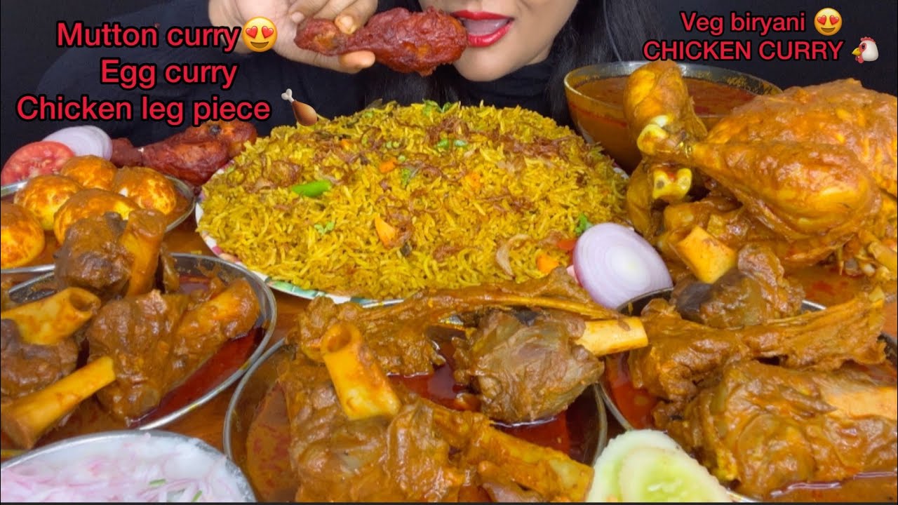 ASMR EATING VEG BIRYANI,MUTTON CURRY,EGG CURRY,CHICKEN CURRY,CHICKEN LEG PIECE,RAITA * FOOD