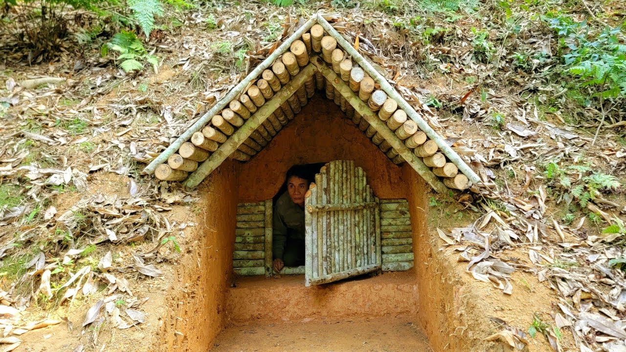 Build a warm and cozy dugout to survive. Wooden Shelter, Secret Cave ...