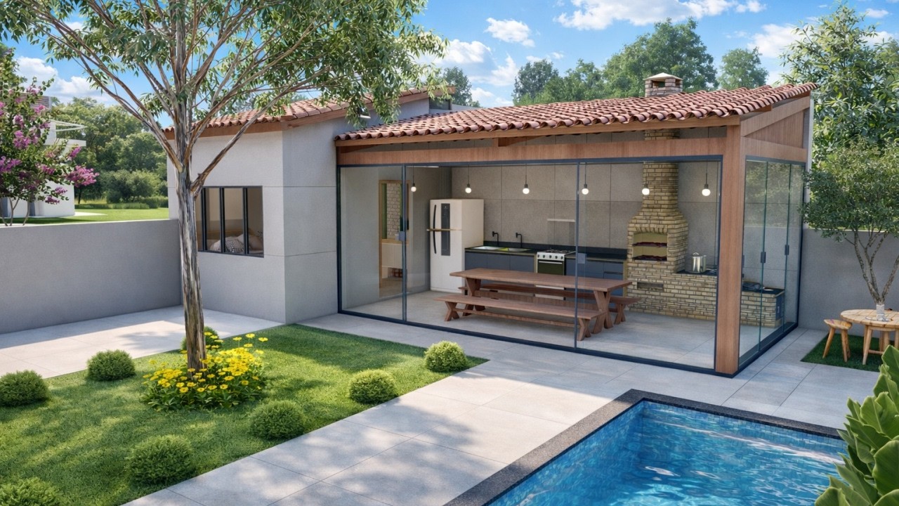 Área de churrasco simples nos fundos do quintal | COM QUARTO.