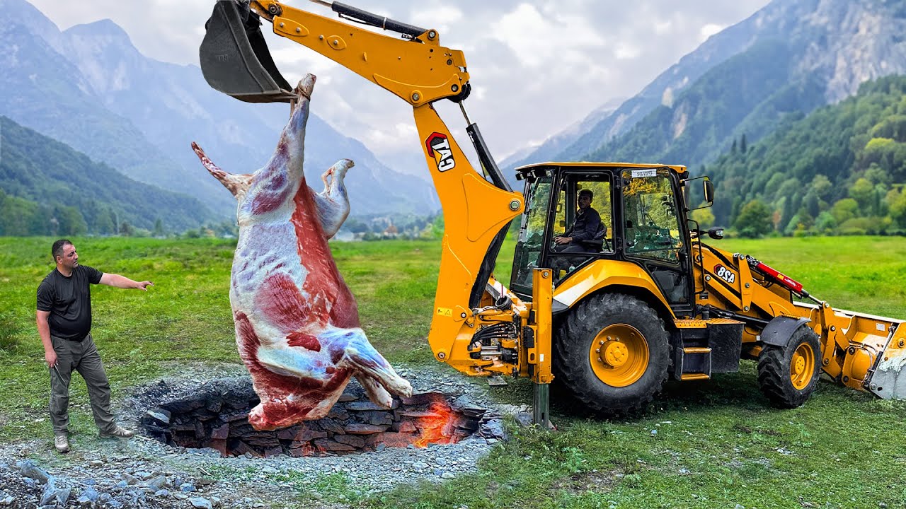 طهي ثور ضخم باستخدام جرافة! طريقة مذهلة في الطهي في الهواء الطلق