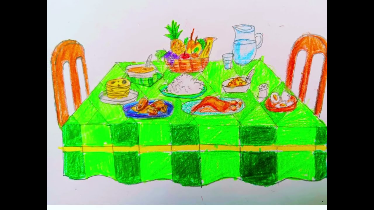 Dining table drawing/ড্রয়িং/ছবি আঁকা /drawing /how to draw/ eating table drawing with food /art