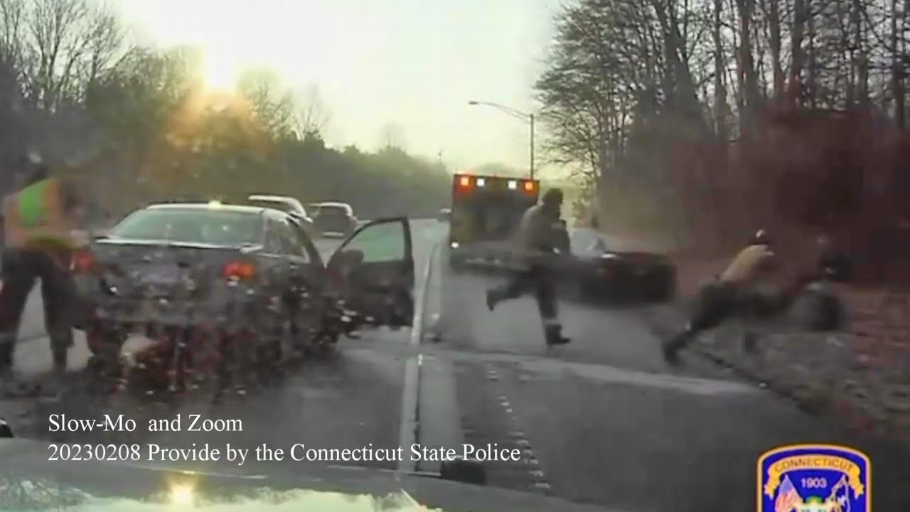 20230208 Firefighter & CTSP officer struck Connecticut State State Police Dashcam Video Cromwell Ct