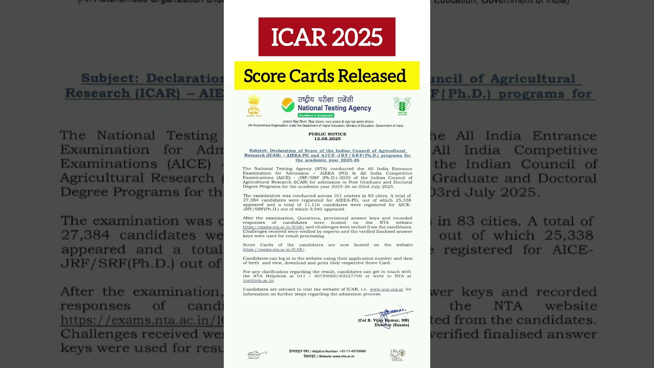 ICAR 2025 SCORE CARDS RELEASED 