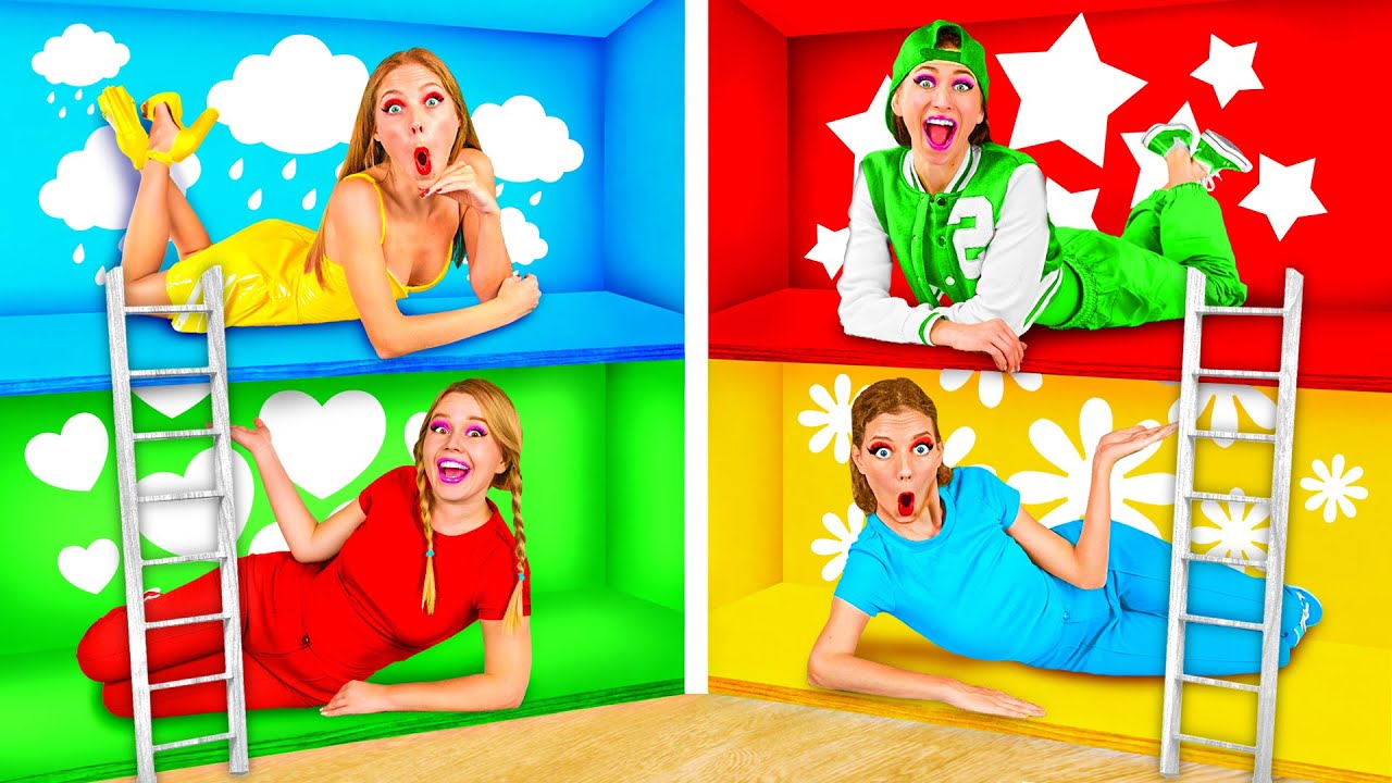 غرف سرية تحت السرير تحدي أربعة ألوان | مواقف مضحكة وفشل