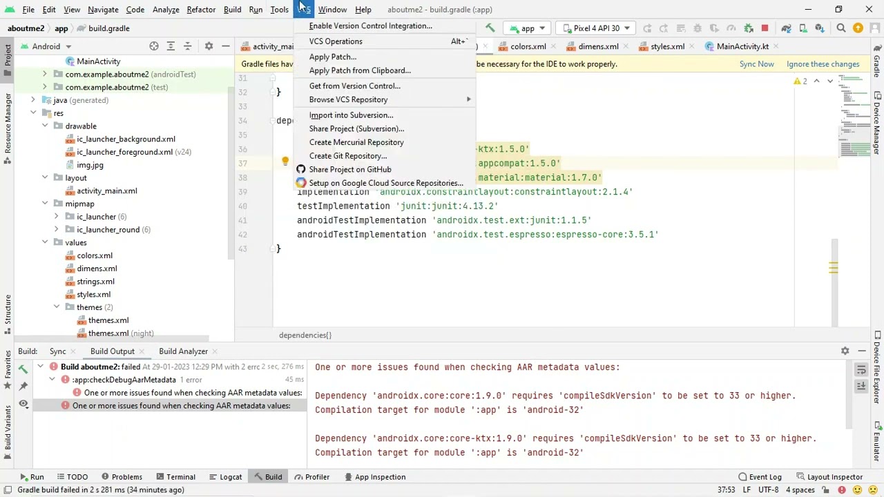 Dependency 'androidx.activity:activity:1.6.0' requires 'compileSdkVersion' to be set to 33 or higher