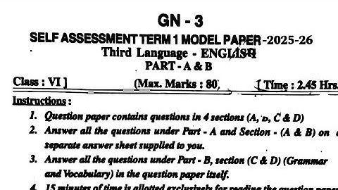 6th class SA-1 English Question Paper 2025-26 || Self Assessment Term 1 Model Paper