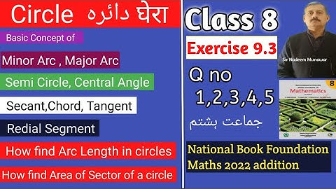 Class 8 Exercise 9.3 Q no 1,2,3,4,5 NBF Maths Ex 9.3  Basic concept of Circle , minor Arc Major Arc