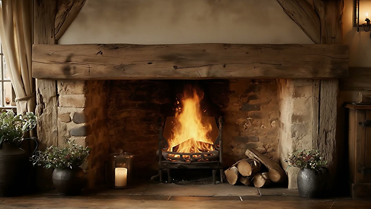 Traditional Tudor Cottage Fireplace | Roaring Log Fire & Crackling Sounds | Calm & Peaceful Ambience