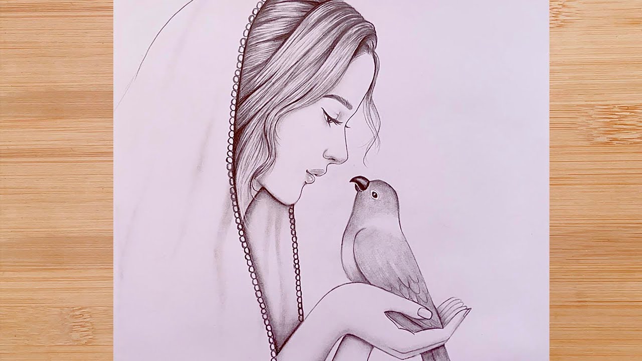 How to draw A girl with a parrot - step by step || Pencil Sketch ...