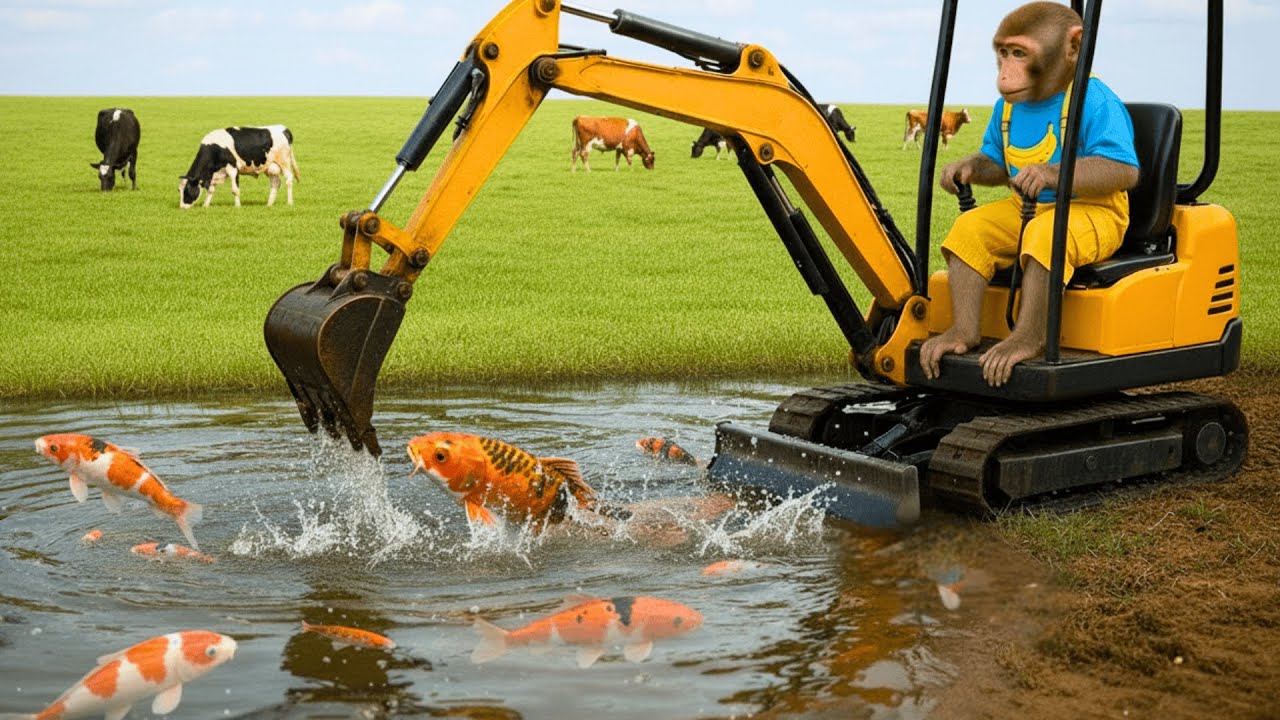Monkey Farmer Working with Mini Tractor, Excavator – Builds DIY Pond and Rescues Fish on Farm