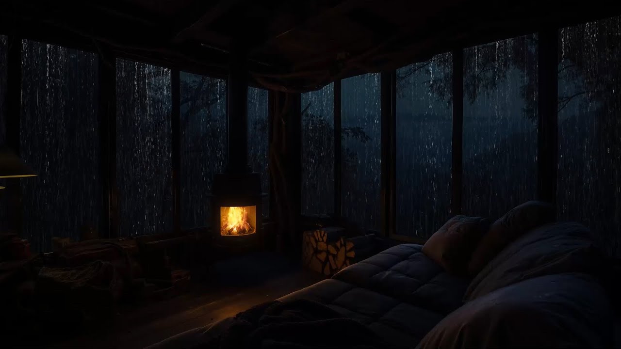 Rainy Night in Cozy Cabin with Fireplace | Rain Sounds to Study and ...