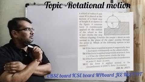 A wheel of radius R and mass m is placed at the bottom of a fixed step of height R as shown in the