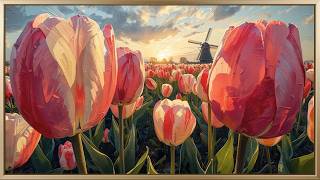Serene Tulip Field &amp; Windmill Art 4K | Spring Frame TV Art | Luxury Dutch Landscape Painting