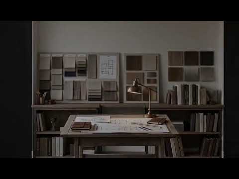 Architectural floor plans and material samples on a studio table