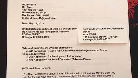 COVER LETTER FOR ADJUSTMENT OF STATUS | FORM 1-485, I-131, I-765, I-864