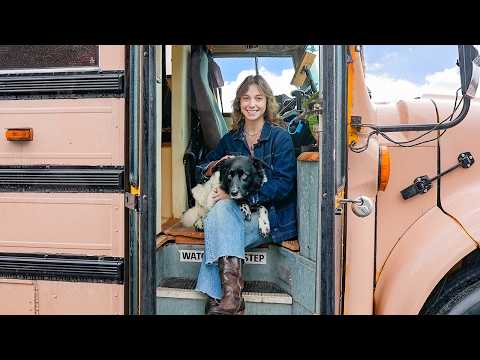 Her adorable tiny home inside of a pink school bus