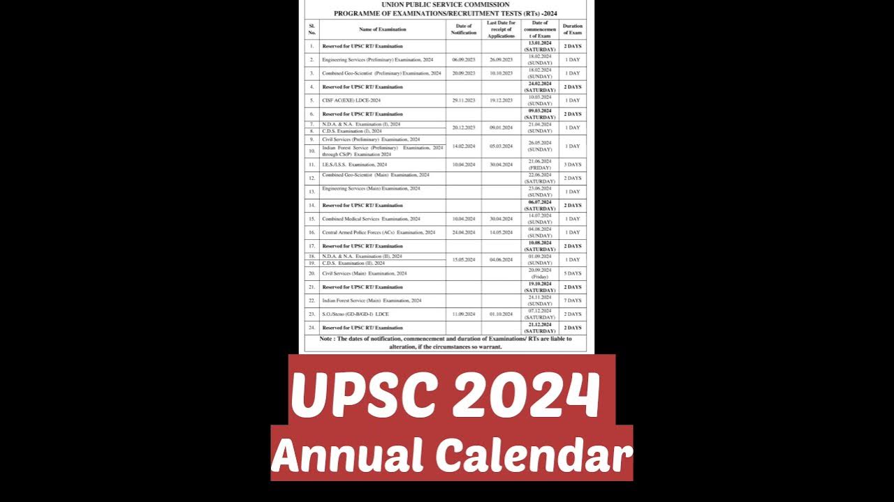 UPSC Annual Calendar 2024 upsc ias ips YouTube