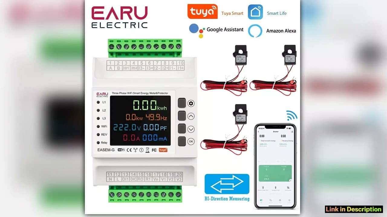 Three Phase Tuya WiFi Smart BiDirectional Energy Meter with 3 CT Clamps Leakage Over Under Voltage