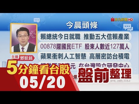 財報樂觀 道瓊突破4萬關!00878躍國民ETF 股東人數近127萬人!蘋果衝刺人工智慧 高層密訪台積電!陽明前十大股東出爐 台驊中環入列｜主播鄧凱銘｜【5分鐘看台股】20240520｜非凡財經新聞