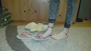 Trample Tedy Bear with my White well worn Flip Flops and Barefeet crushfetish ASMR #CRUSHFETISH_8989