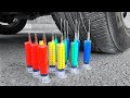 EXPERIMENT: CAR vs COLORFUL SYRINGES - Crushing Crunchy &amp; Soft things with car - Satisfying ASMR