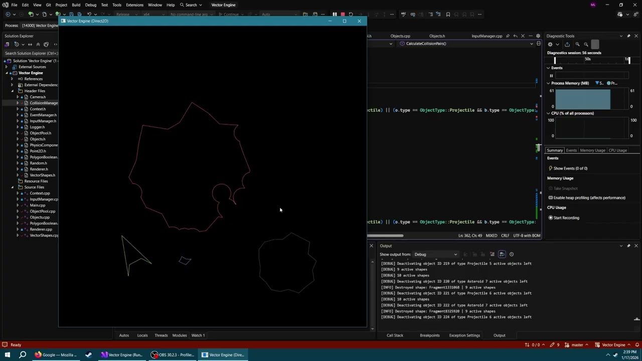 Custom 2D physics engine with dynamic polygon boolean subtraction.